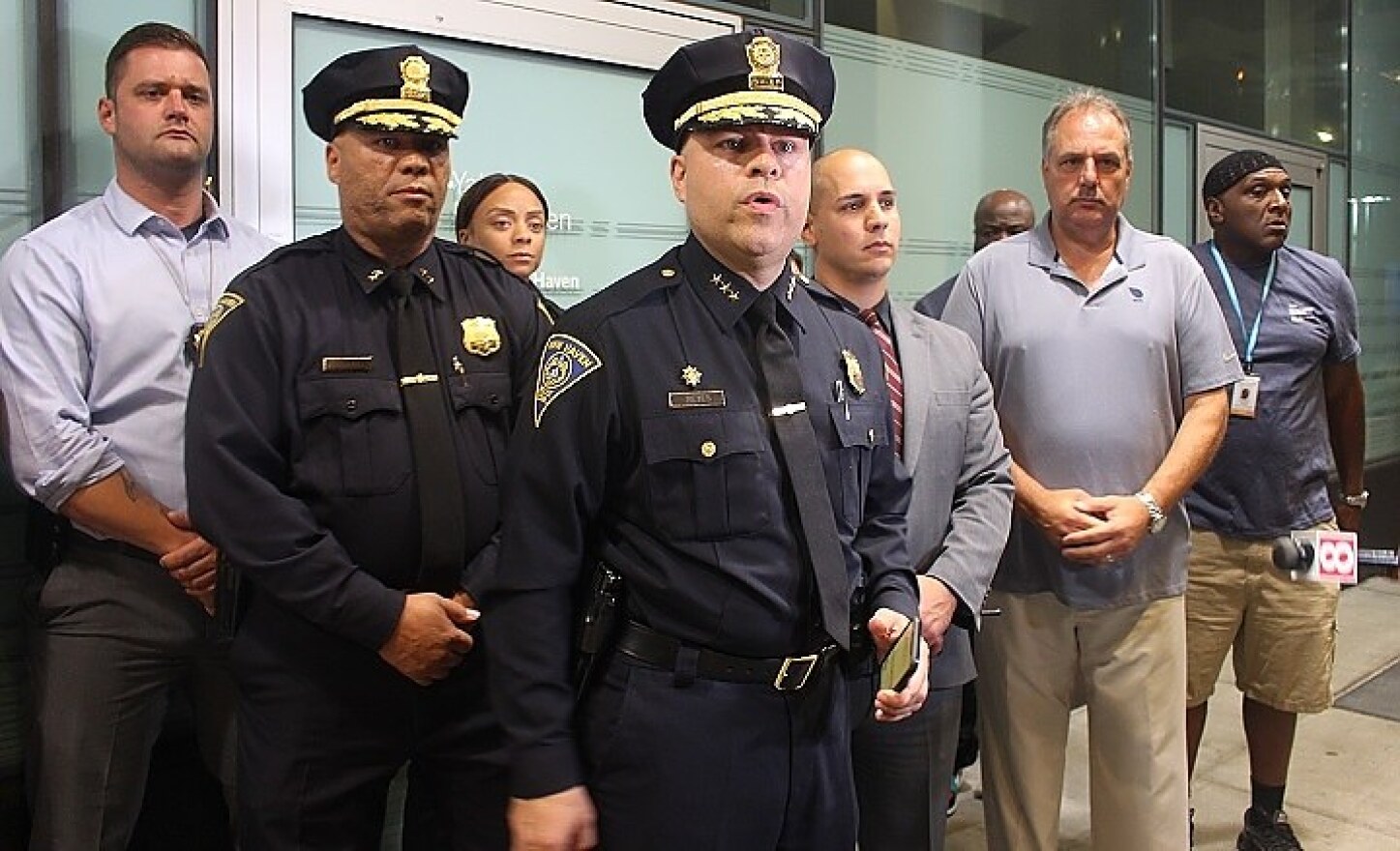 Interim Police Chief Otoniel Reyes speaks to reporters outside Yale New Haven Hospital to provide an update on Capt. Anthony Duff, who was shot Monday night.